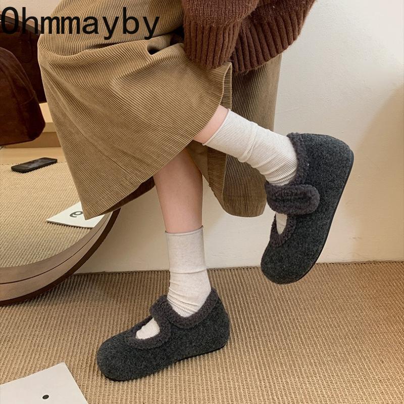 Autumn Woolen Fabric Women Flats Shoes Comfort Soft Sole Mary Jane Shoes Warm Cotton Outdoor Shoes For Winter