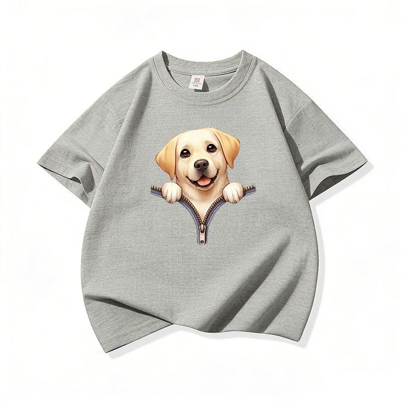 Kids Cotton T Shirt Cute Labrador Retriever Dog Zipper Print Crew Neck Short Sleeve Tee Casual Boys Girls Summer Tops