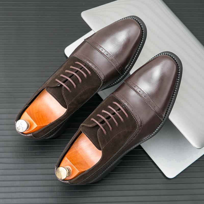 New Men's Black Brown Pointed Suede Mix Leather Casual Brogues Shoes Male Wedding Dress Homecoming Footwear Zapatos Hombre