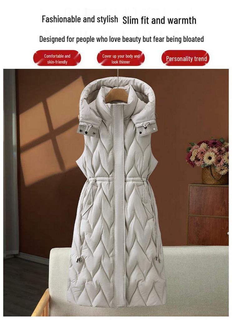 Women's Mid-Length Hooded Thick Cotton Vest - Autumn/Winter Korean Style Plus Size Gilet Jacket