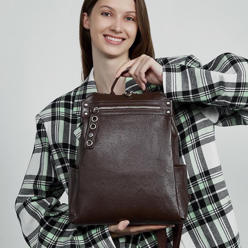 First-layer Vegetable-tanned Leather Backpack, Large-capacity Travel Light and Niche Leather Women's Bag, Business Trip Backpack