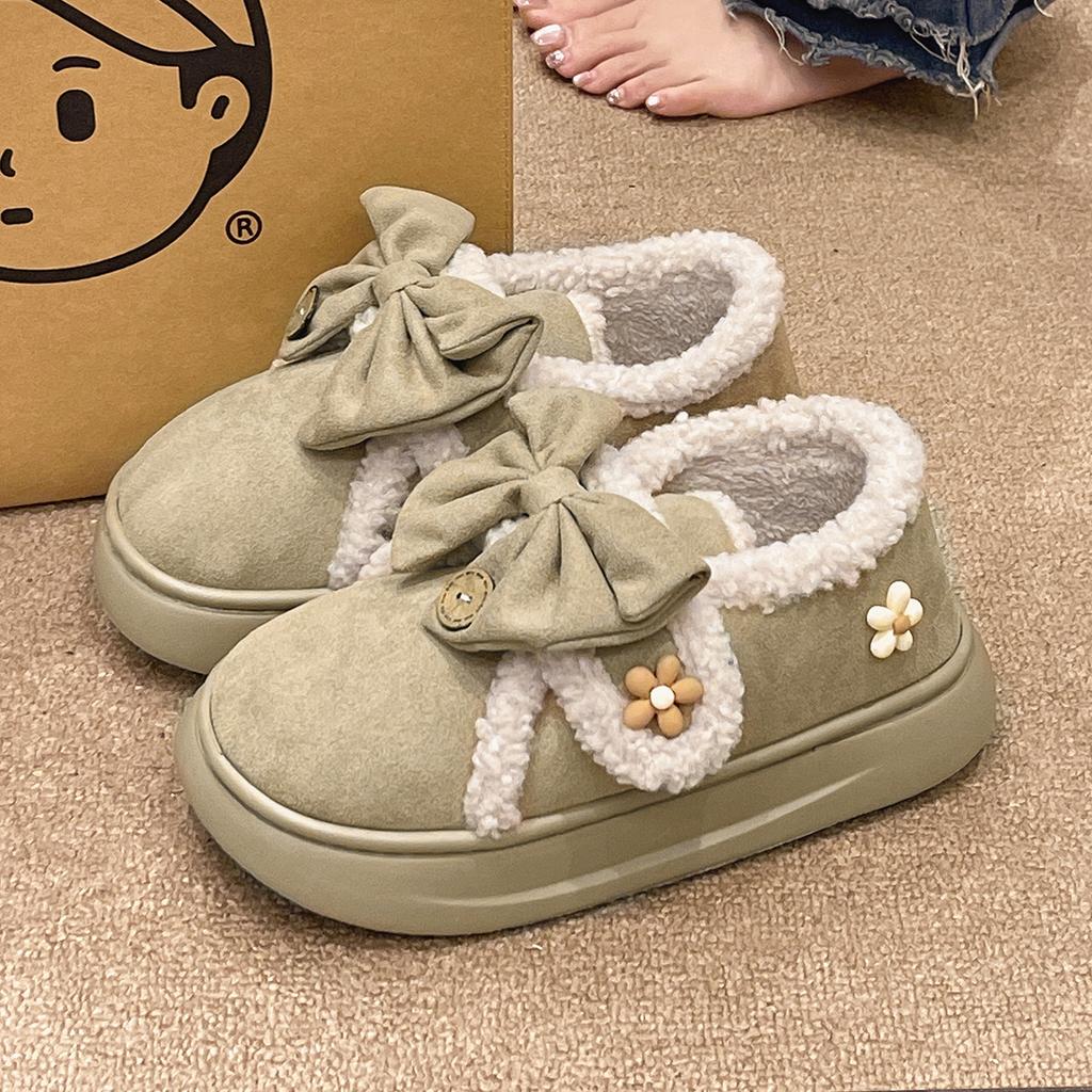 Fashion Winter Outerwear New Bow Bag Heel Women's Shoes with Velvet Warmth Simplicity Comfort Anti Slip Daily Casual Lazy Slippers