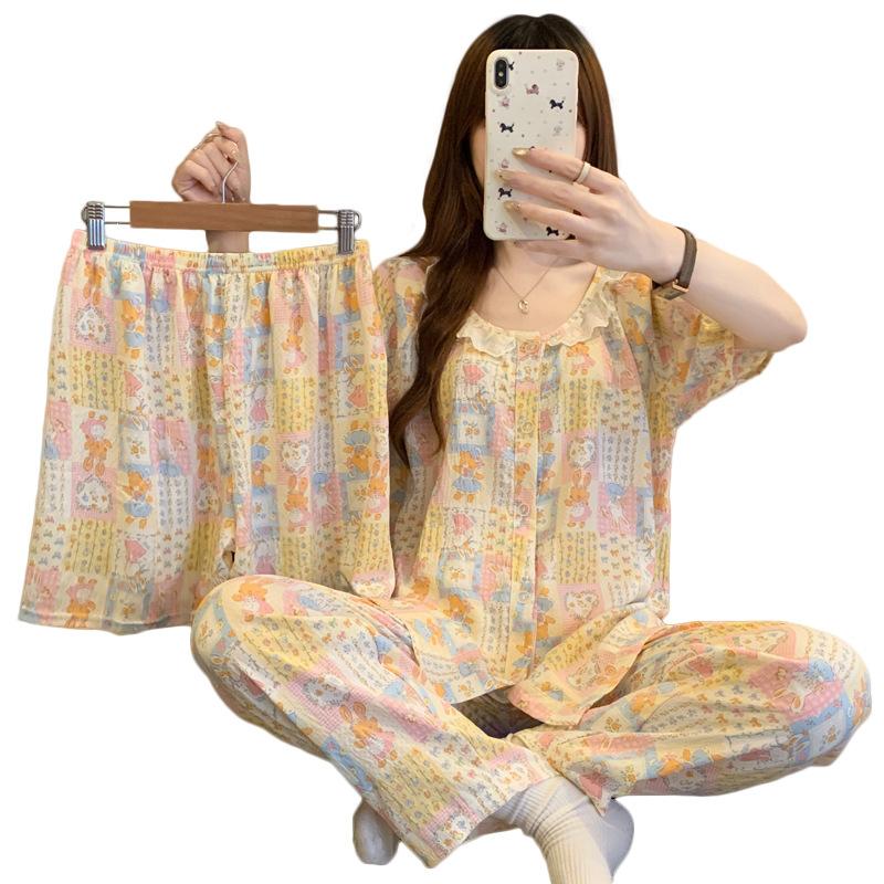 Pastoral Cute Bunny Cloud Cotton Pajamas Women'S Summer Lace Round Neck Loungewear Short Sleeve Three-Piece Set