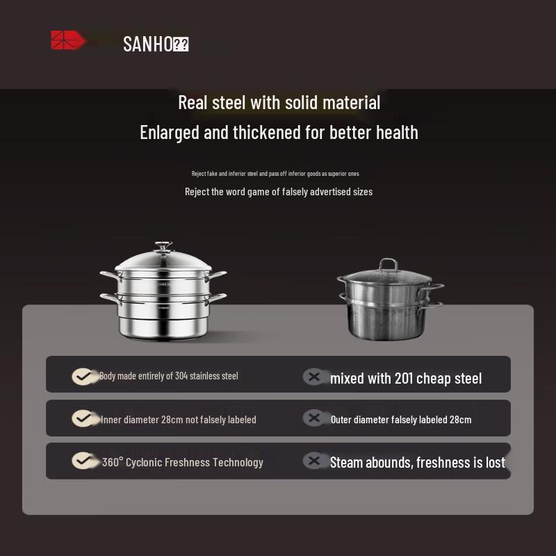Sanhe 28cm 3-Layer 304 Stainless Steel Steamer Pot