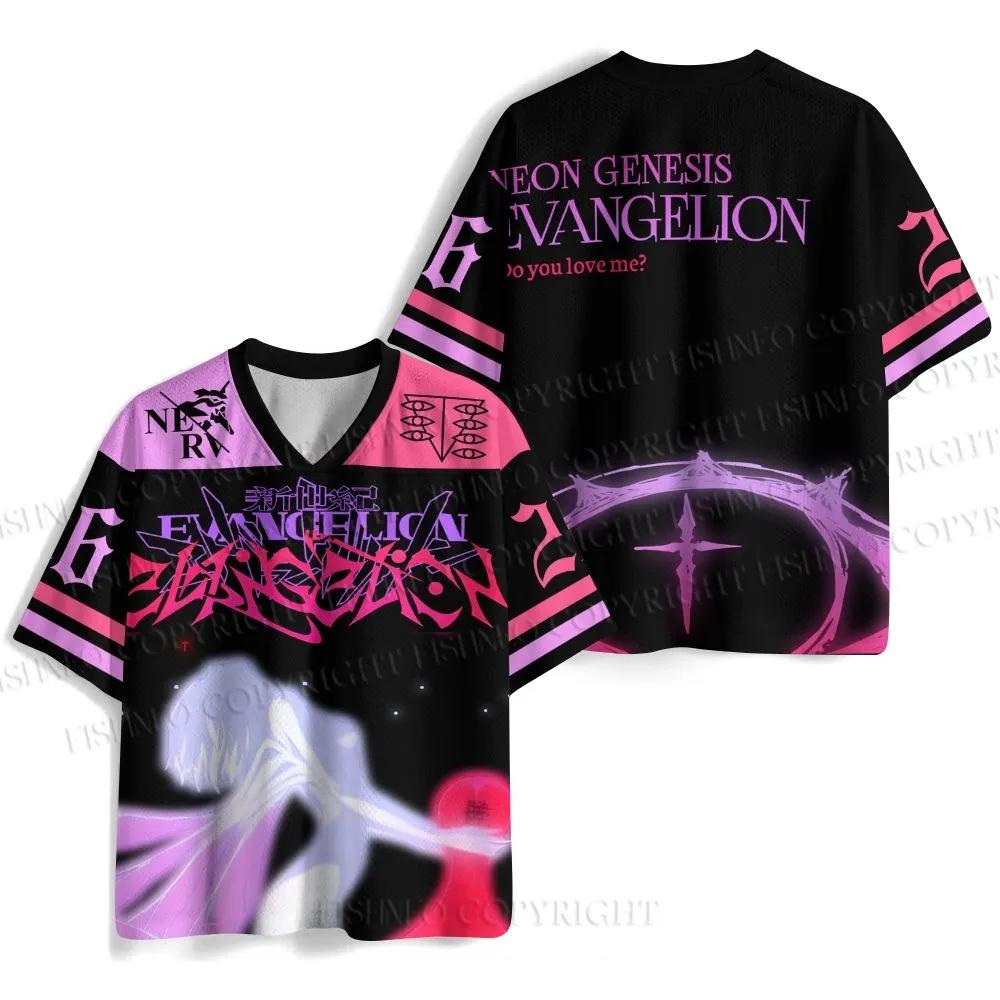 New Anime Neon Genesis Evangelion Rei Ayanami Print Mesh Jersey T-shirt Men Oversized Streetwear V-Neck Casual Short Sleeve Tops