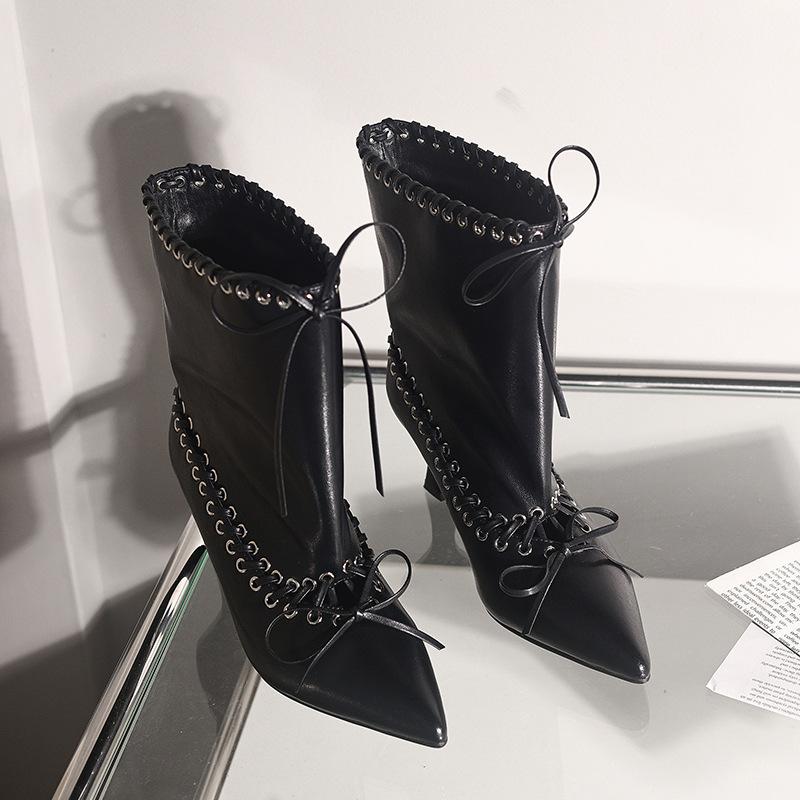 

2025 autumn and winter new fashionable thin heel pointed rivet bow medium tube short boots fashion wide tube women s boots 40 чёрный