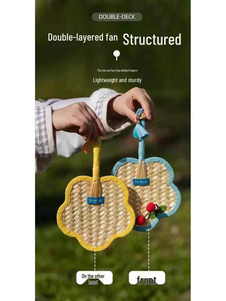 Cherry Handmade Mini Cattail Fan - Cute Cartoon Design, Portable Ancient Chinese Style for Summer