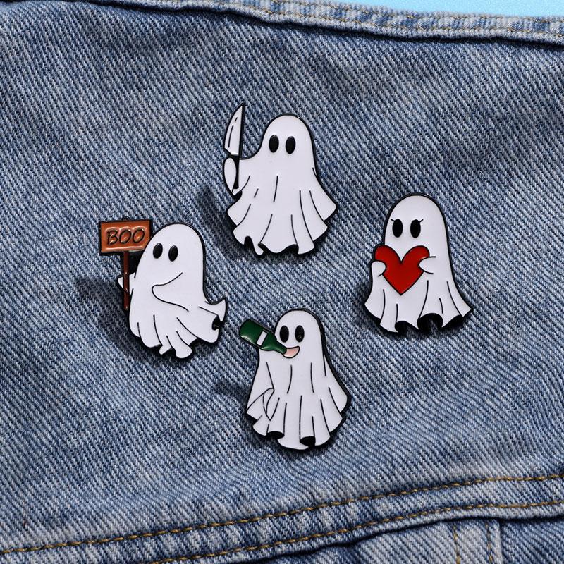 4Styles Halloween Ghost Collection Brooches Cartoon Spooky Hold Knife Heart Drink Design Enamel Pins With Free Shipping