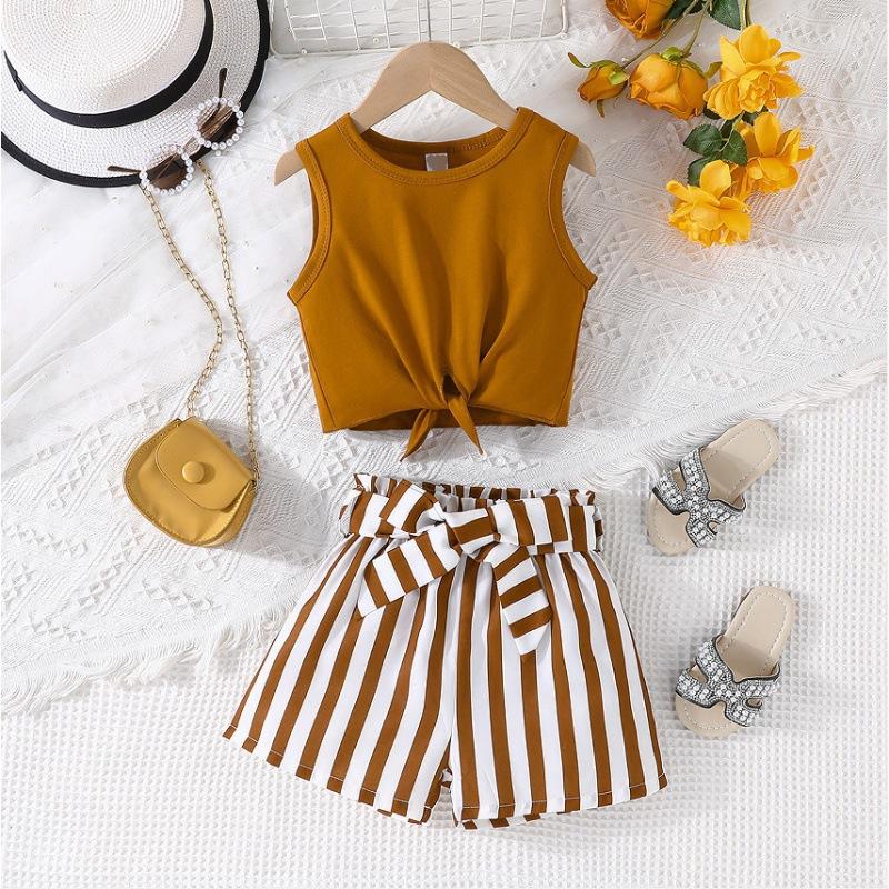 Tops Round Neck Sleeveless Shirt + Vertical Strips Stitching Shorts Casual Baby Clothes