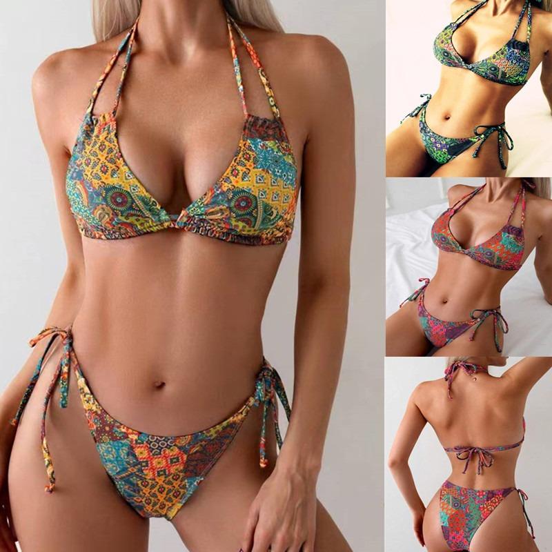 New European and American Split Swimsuit Women's Print Sexy Double Lace-up Halter Bikini Swimsuit Bikini