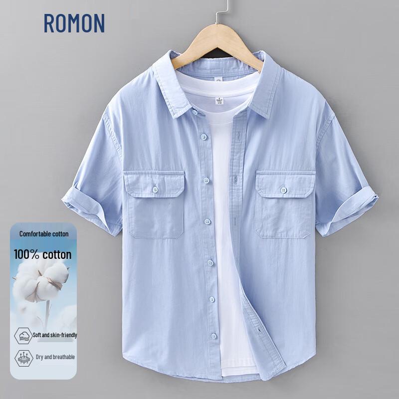 ROMON Men s 100% Cotton Simple Casual Short Sleeve Shirt M