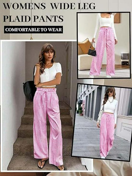European Plaid Women's Wide-Leg Elastic High-Waist Pajama Pants with Drawstring