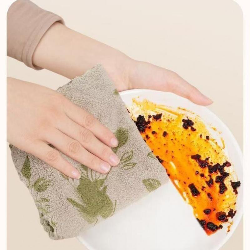 8PCS Thickened Coral Fleece Kitchen Towels Soft Lint Free Hanging Hand Towel Green Floral Pattern Super Absorbent Dish Cloths