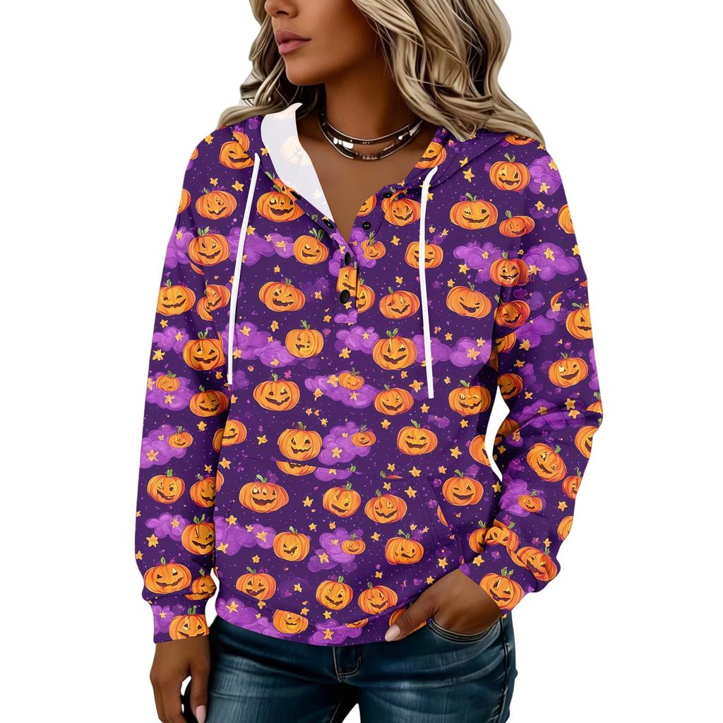 Women's Halloween Print Hoodie Button Front Long Sleeve Sweatshirt