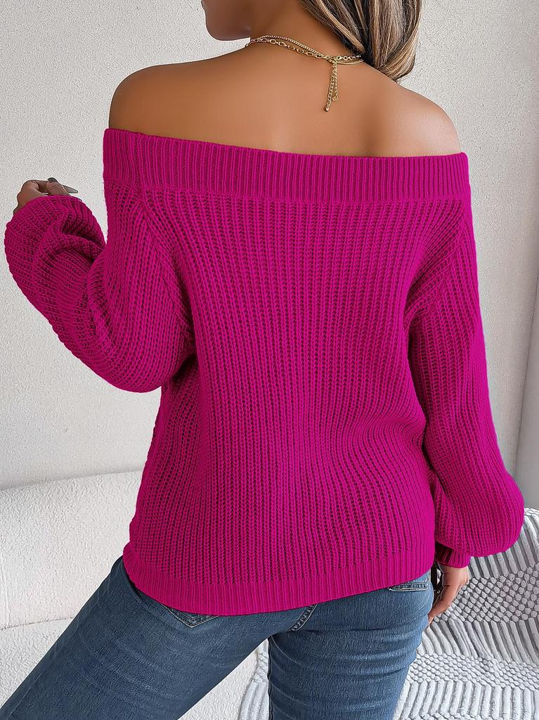 Real Shot 2025 Autumn/Winter Off-Shoulder Lantern Sleeve Sweater - Women's Solid Color Casual Wear