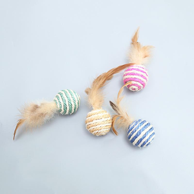 Cat sword hemp ball sisal scratch-resistant toy with feathers self-hi pet teasing cat ball cat toy pet supplies