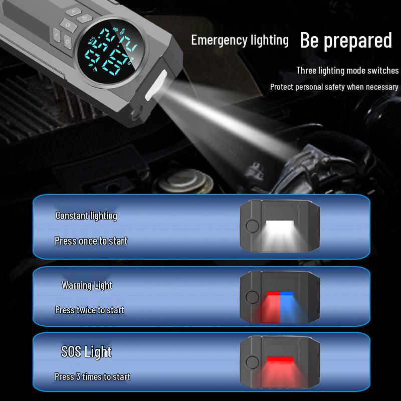 Car-Mounted Emergency Power & Inflator: Jump Starter, Wireless Charger, Tire Pump Combo.