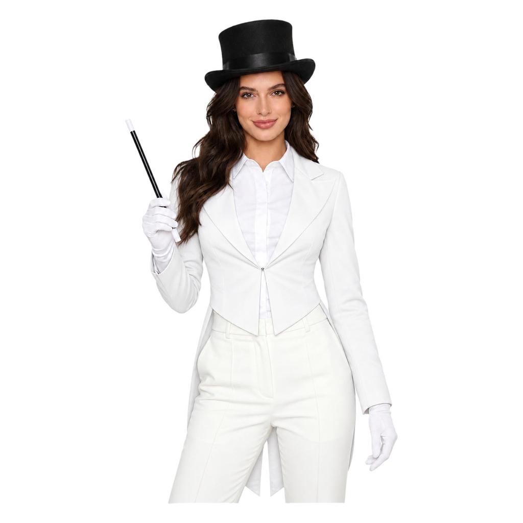 Women Cosplay Magician Tailcoat Jacket Long Sleeve Lapel V Neck Open Front with Hat Gloves Wand for Stage Magic Show