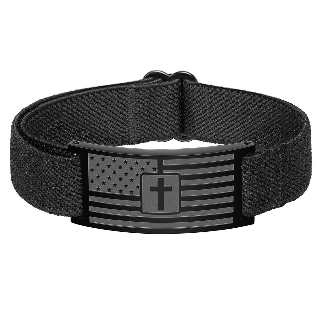Adjustable Leather Crosses Bracelet For Men Patriotic American Flag Design Stainless Steel Christian Faith Gift