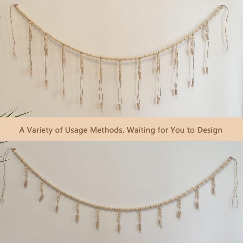 Wall Hanging Photo Display with Wooden Beads Garland Photo Storage Tassel String Wall Decor Photo Holder Rustic Family Decor