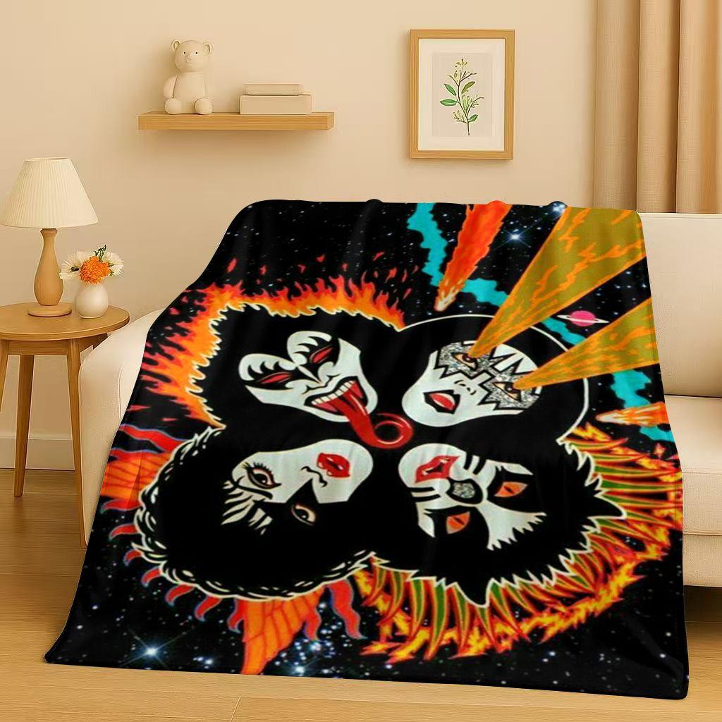 Coperta di Flanella Retro Kiss Rock Heavy Metal Band Gene Simmons, Coperta Morbida Ultra Peluche per Casa Camera da Letto Letto Divano Ufficio