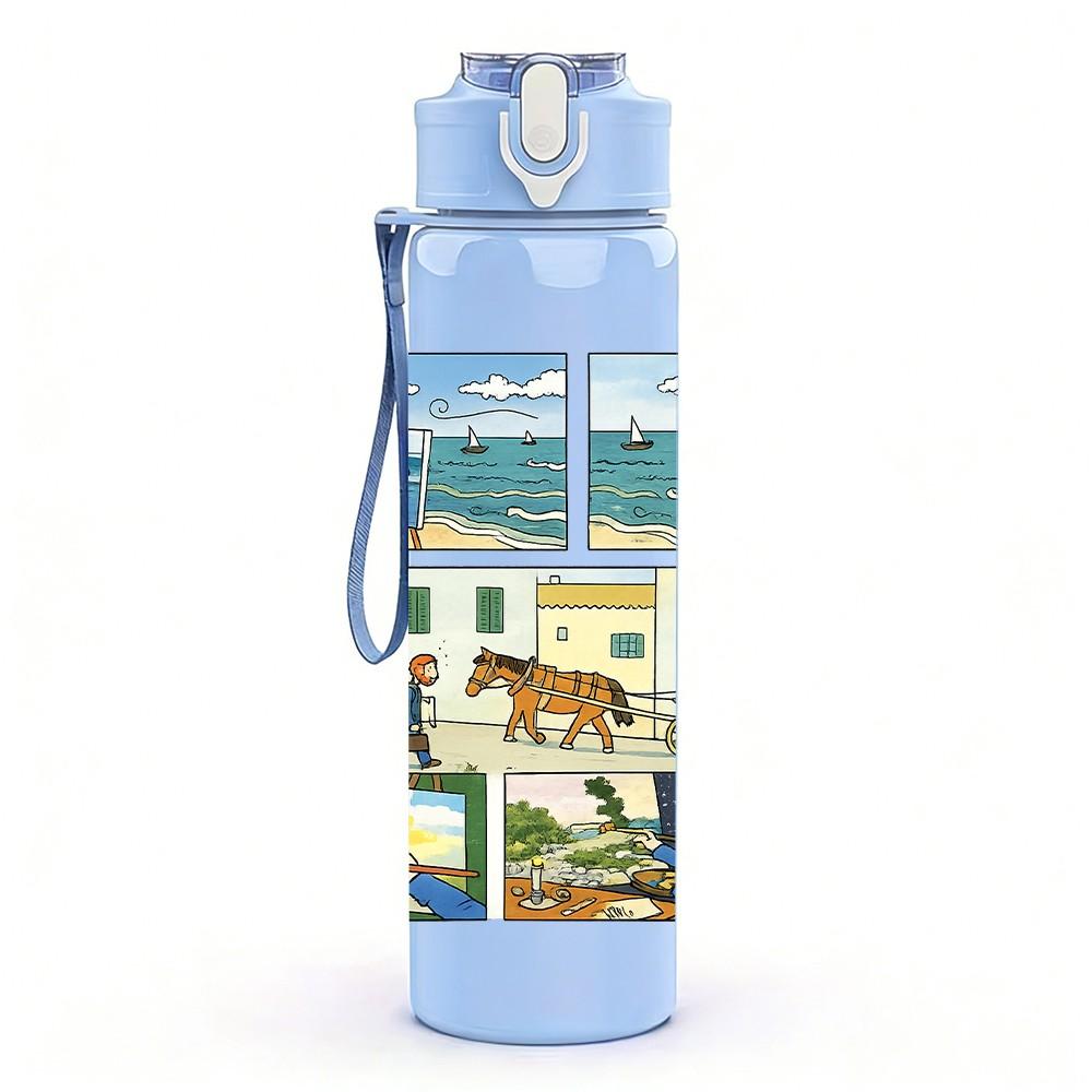 1PC Colorful Village Landscape 750ml Color Plastic Sports Water Bottle Leakproof Flip Straw Lid Suitable for Sports Office Home Use