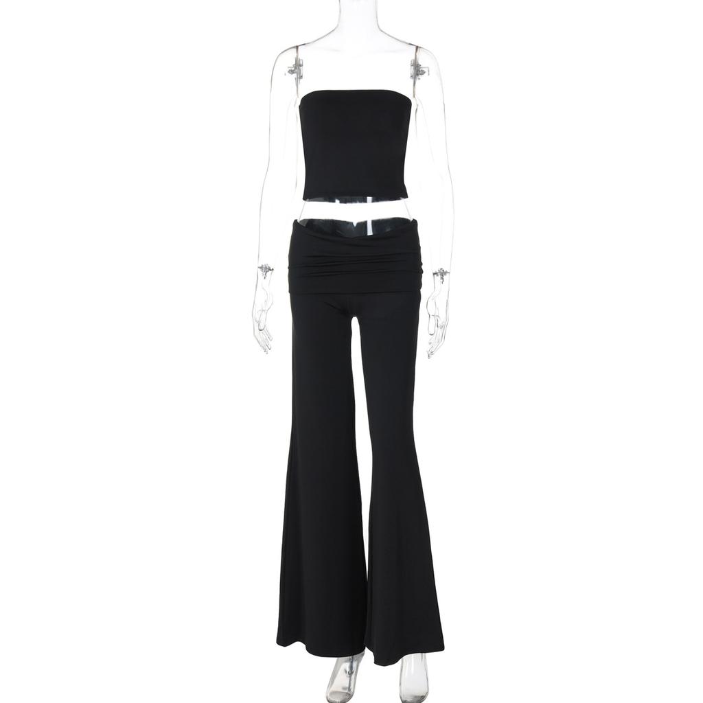 Women Casual Solid Strapless Sleeveless Top Flared Pants Two Piece Set