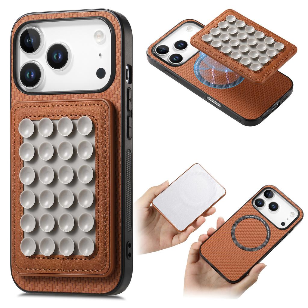 For iPhone 17 Pro Case Carbon Fiber Texture Leather Back Cover with Magnetic Detachable Suction Cup
