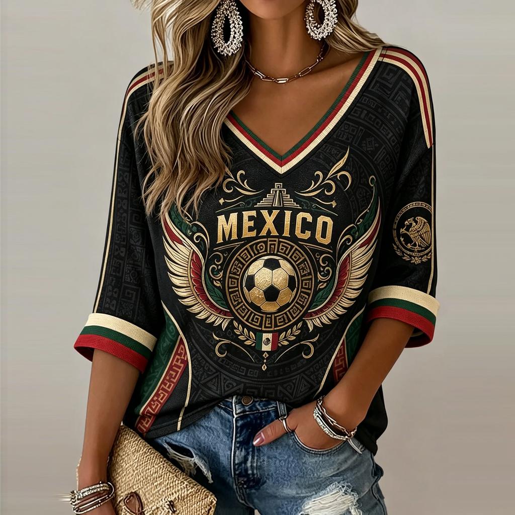 Women's V Neck Short Sleeve T Shirt Soccer Graphic Print Casual Loose Fit Top for Summer and Everyday Wear