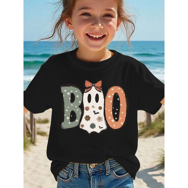 Girls Crew Neck Short Sleeve T-Shirt with Boo Halloween Ghost Letter & Cartoon Print