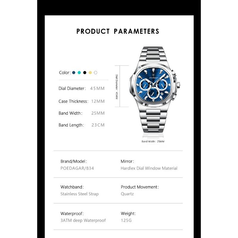 POEDAGAR Business Man Wristwatch Date Chronograph Waterproof Luminous Luxury Watch Stainless Steel Quartz Watches Male