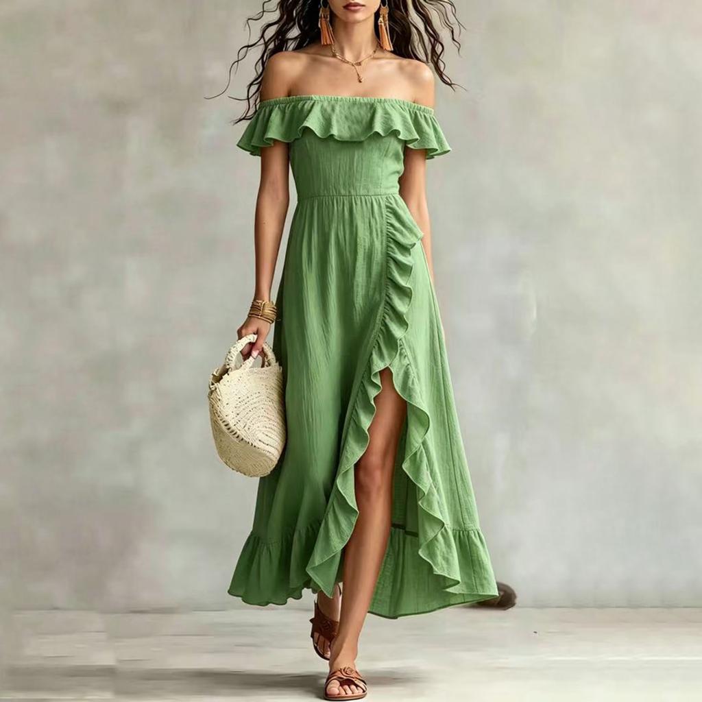 Modisches Sexys Rüschen-Einschulter-Kleid für Damen, temperamentvoll, für den Urlaub, locker