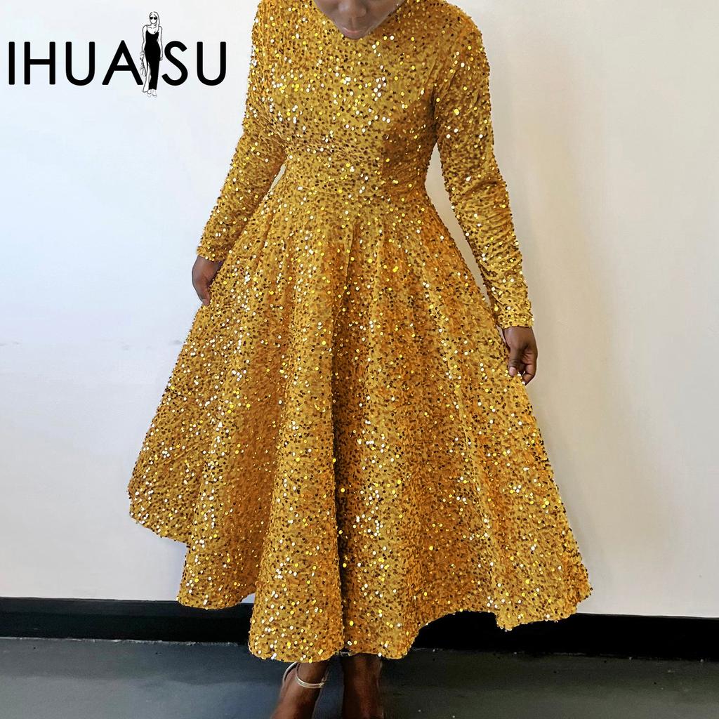 IHUASU Spring Autumn Women's Round Neck Long Sleeve Solid Color Sequin High Waist Style Long High Waist Dress