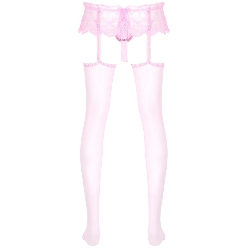 Dresuri transparente din dantelă pentru bărbați, fustă decupată, buzunar bombat, string, jartiere lucioase, lenjerie de noapte sissy