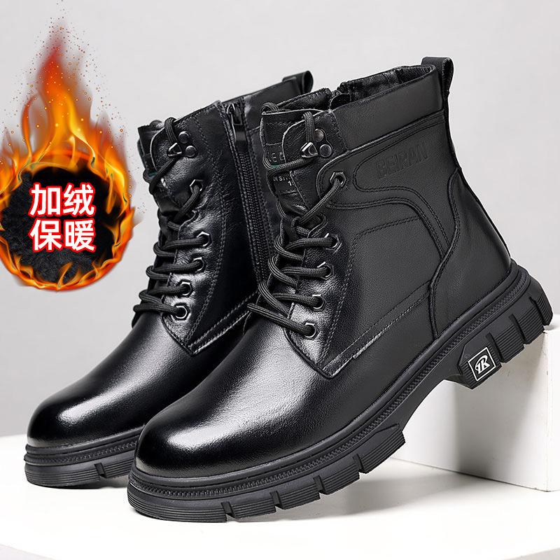 First layer cowhide Martin boots men's trendy tooling leather winter velvet warm leather boots men's casual high-top men's shoes