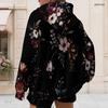 Women Plus Size Black Floral Print Zip Up Long Sleeve Drawstring Hoodie With Pockets