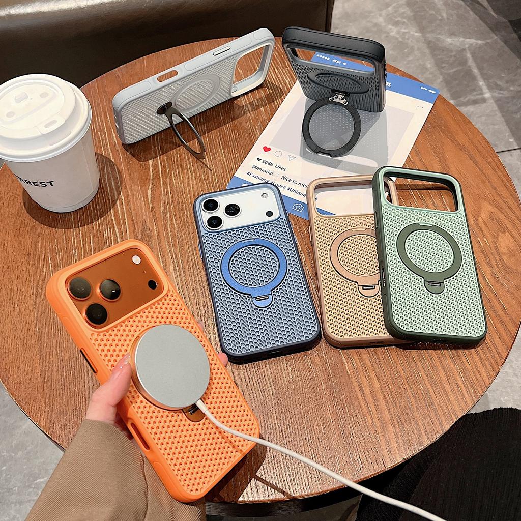 360 Rotating Kickstand Magnetic Phone Case for iPhone 17 Pro Max 16 Plus 15 14 13 12 11 Eat Dissipation Comfortable Grip Cover
