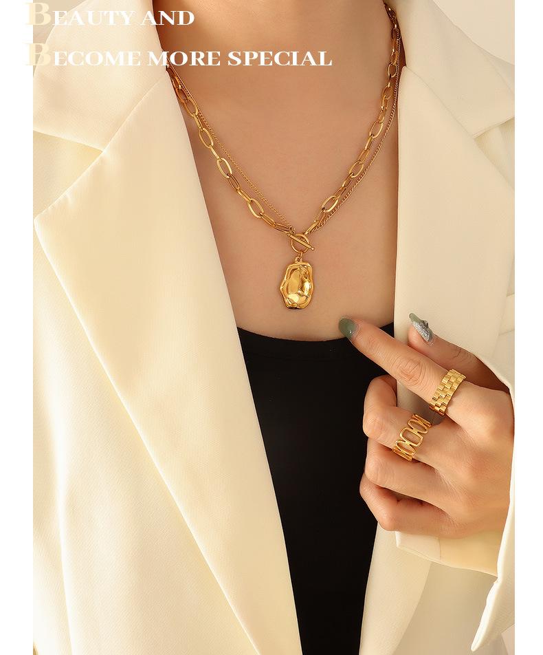 Gold Plated Titanium Steel Double Layer Irregular Pendant Necklace - European & American Hip Hop Style Clavicle Chain