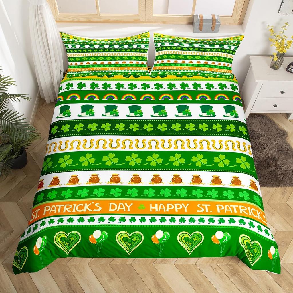 Kids Happy St. Patrick'S Day Duvet Cover Twin Queen Green Clover Comforter Cover With 2 Pillowcases, Colorful Plank Bedding Set