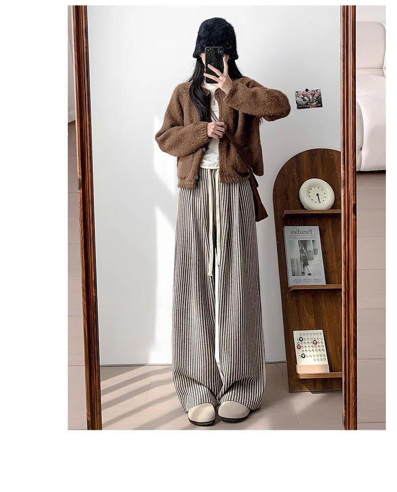 Women's Petite 145cm Black Stripe Wool Wide-Leg Pants - Retro Autumn/Winter Casual Stroll