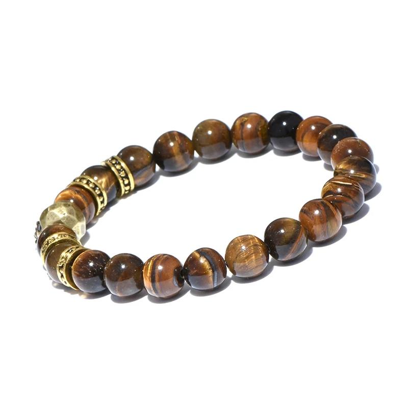 Gothic Skull Bracelet For Men 8mm Smooth Tiger Eyes Stone Strand Braslet Accessories Hombre Gifts For Him Vintage Jewelry Joias