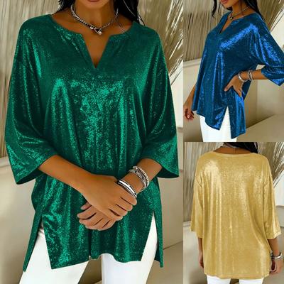 Women's Large Size T-shirt Spring and Summer Seven Quarter Sleeve Shiny Loose Casual Female T-shirt Fashion V-neck Solid Color Office Ladies Tee Tops