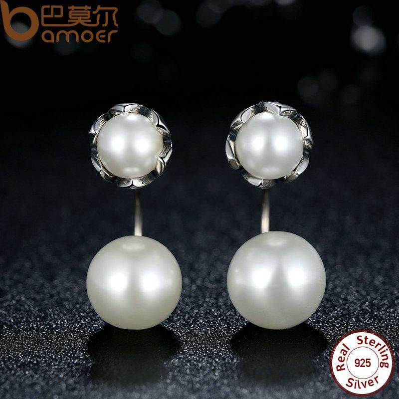 BAMOER New 100% Authentic 925 Silver Simulated Pearls Jewelry Special Style Female Drop Earrings SCE002