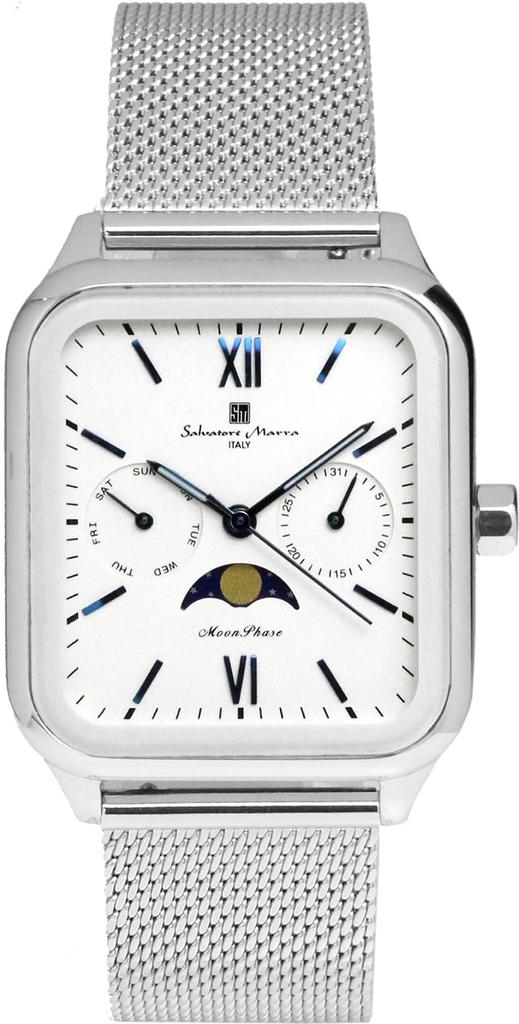 Moon Phase Square Square Multi Calendar Business Formal Stainless Steel Mesh Belt Limited Model Silver White [Salvatore Mara] Men's SM24112-SSWHM