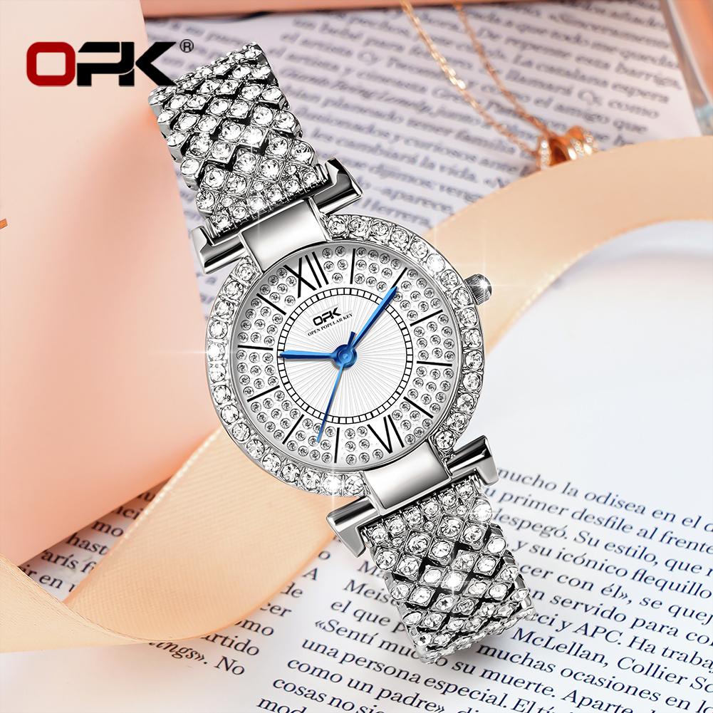 OPK Brand Full Diamond Waterproof Roman Scale Steel Belt Ladies Quartz Watch 8618
