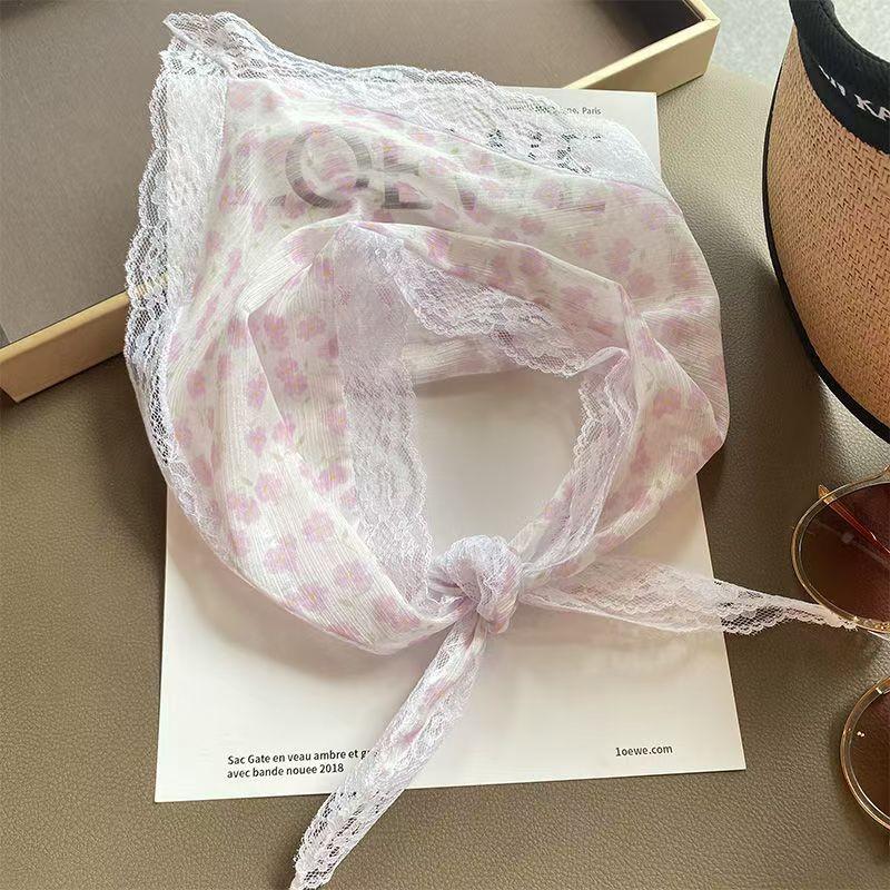2025 Pastoral Style Lace Triangle Scarf & Plaid Ribbon Hairband