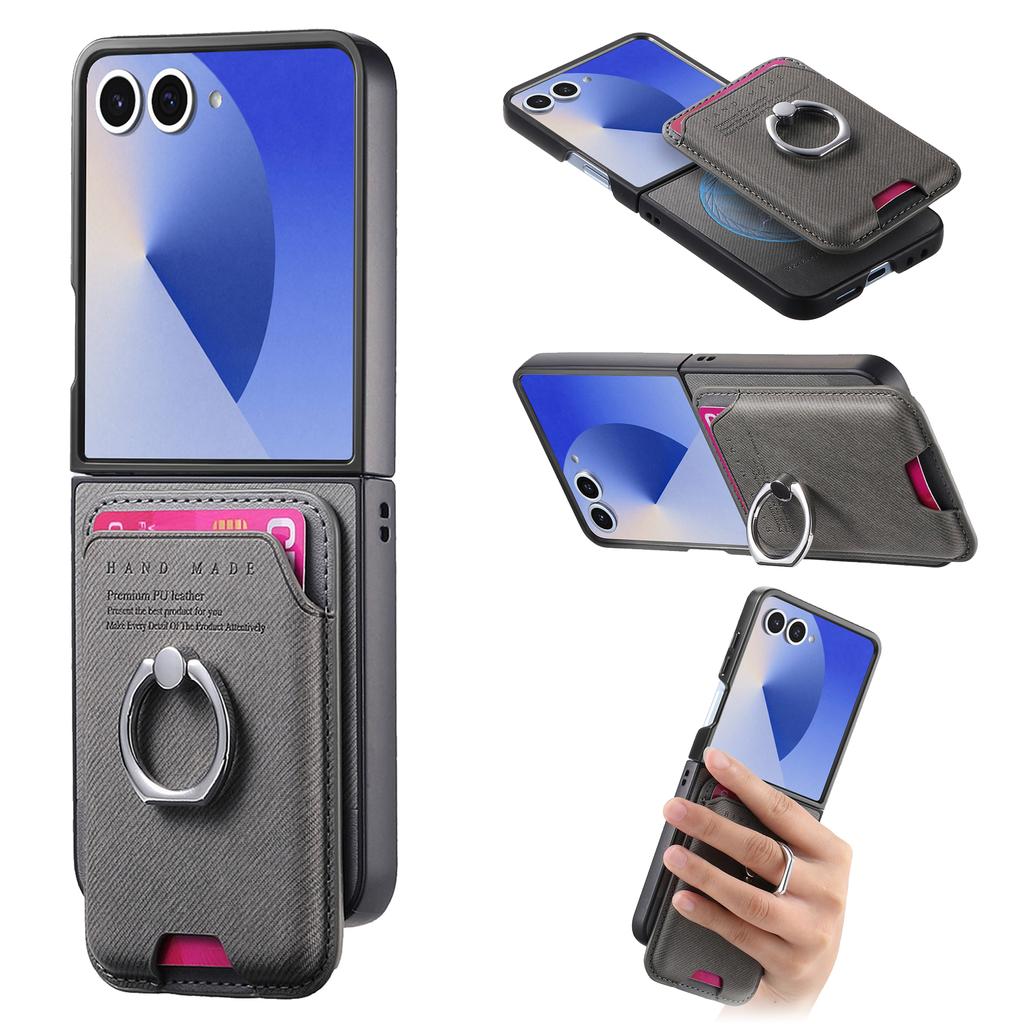 For Samsung Galaxy Z Flip7 5G Case Compatible with MagSafe Twill Texture Leather Back Cover with Card Bag