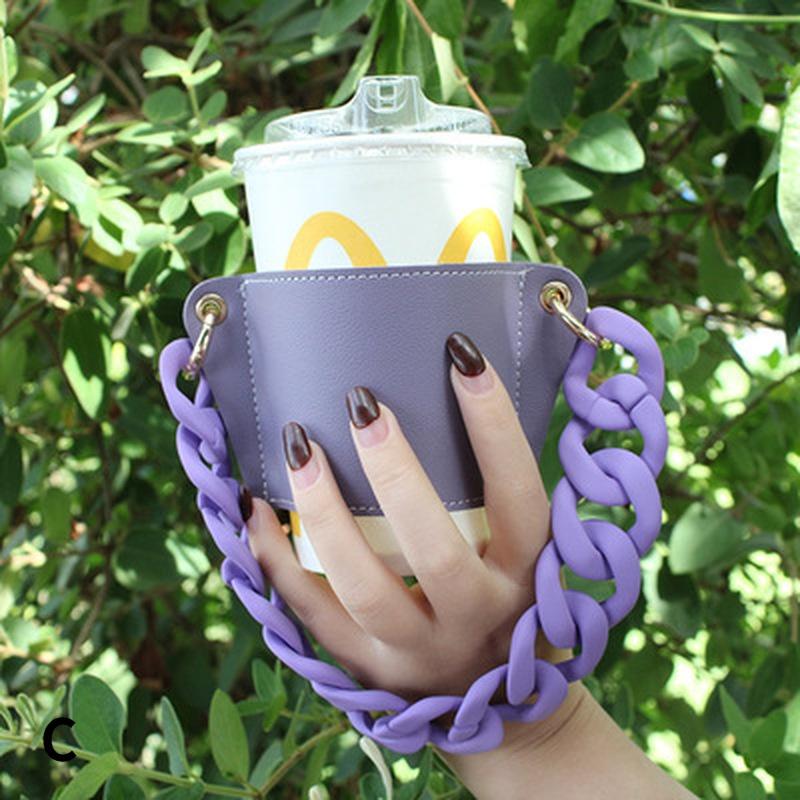 Fashion Custom Reusable Portable Leather Chain Cup Cover Case Takeaway Hold Milk Tea Drinks Coffee Cup Sleeves with Handle Chain