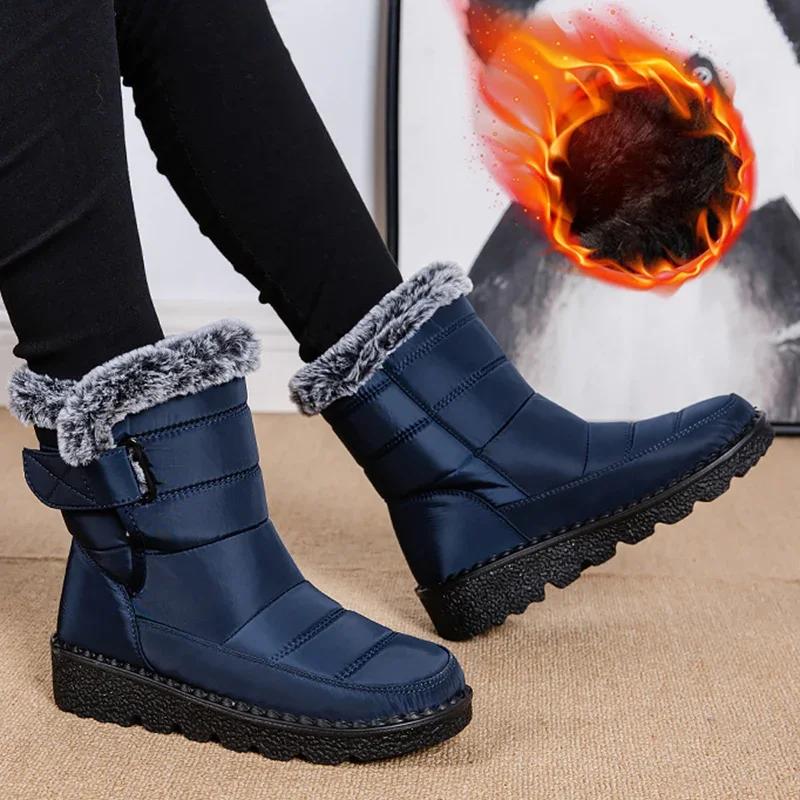 Mode Warme Flauschig Gefütterte Damen Wasserdichte Stiefel Winter Klettverschluss Übergröße 44 Schneestiefel Dicke Sohle Rutschfest Fellige Stiefeletten