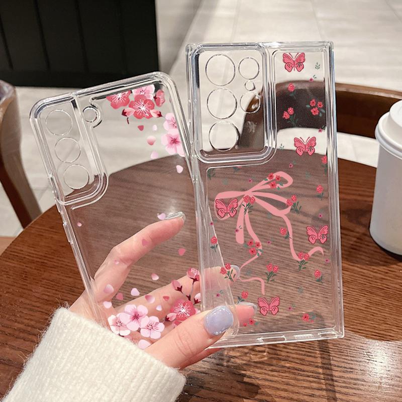 Genomskinligt skal för Samsung Galaxy S25 Edge S24 S23 S22 Ultra S24 S21 FE A56 A36 A55 A16 A15 5G Rosa rosettmönster Mjukt TPU-telefonskal